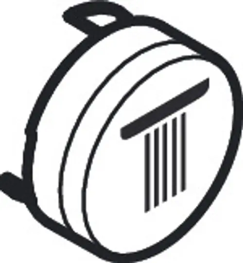 Weißes Druckknopf-Symbol für eine Hansgrohe Kopfbrause, dargestellt als runde Form mit vertikalen Linien. Ideal für die Betätigung eines Duschsystems.